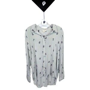 Jane & Delancey Women's Black & White Stripes French Bulldog Button Close Top XL